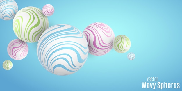 Stylish dynamic 3d bubbles with colorful wavy striped pattern for your cover or brochure design Abstract levitating spheres on light blue background Vector illustration