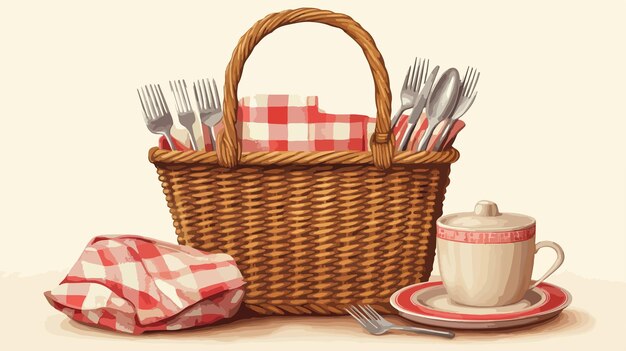 Vector stylish empty wicker picnic basket with tableware for outdoor dining