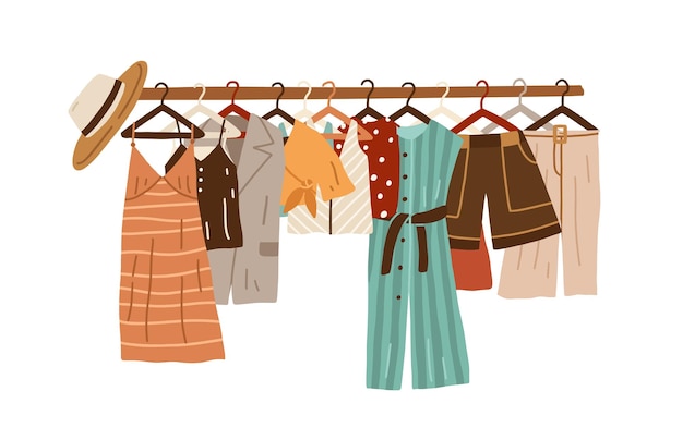 Stylish fashion clothes hanging on hangers on garment rack or rail isolated on white background. Organized women s summer wardrobe. Clothes storage. Hand-drawn colored flat vector illustration.