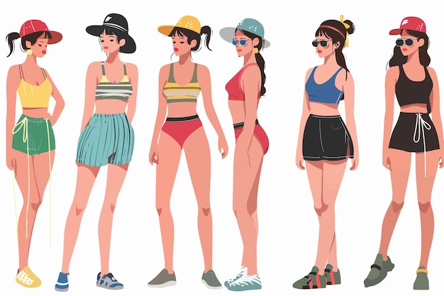 Vector stylish fashion girls in sport outfit and swimsuit showing fashion trend