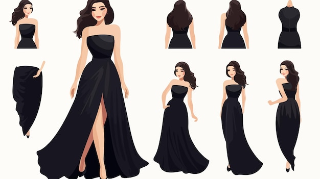 Stylish Fashion Infographic Featuring Brunette in Wide Black Dress