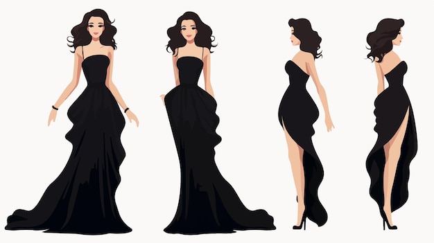 Stylish Fashion Infographic Featuring Brunette in Wide Black Dress