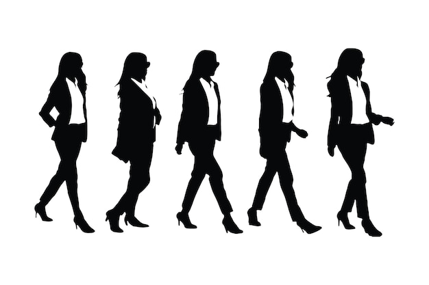 Stylish female model silhouette set vector wearing suits on a white background Anonymous businesswoman walking in different positions Modern female model and employee silhouette collection