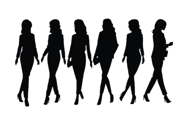 Stylish female model silhouette set walking and standing in different positions Anonymous female model and office employee collection on a white background Girl employee silhouette bundle vector