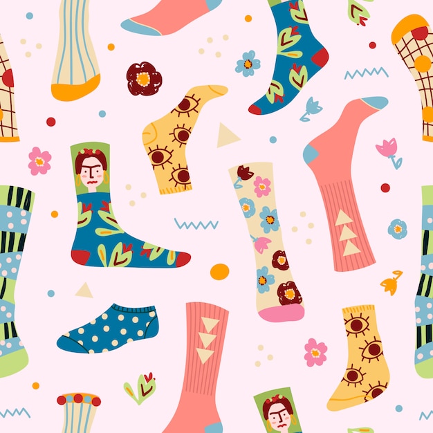 Stylish funny socks pattern with different textures, seamless background. Print of trendy male and female legs in different colorful socks,  illustration.