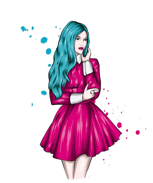 Vector stylish girl in a fashionable dress and with long hair