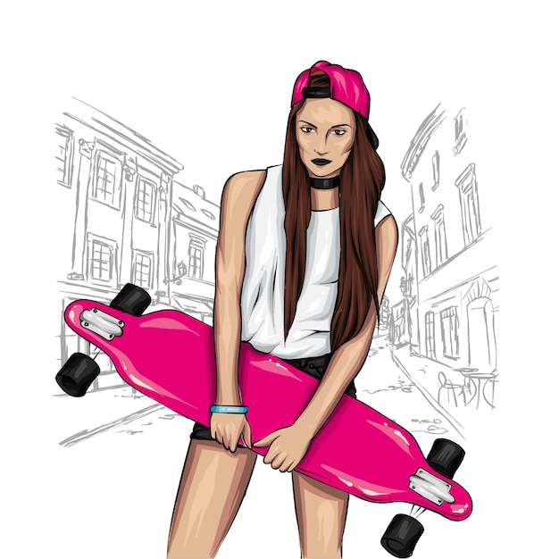 Stylish girl and a skateboard.