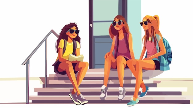 Vector stylish girl wearing sunglasses sitting with friends outdoors