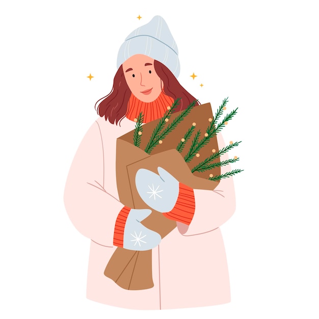 A stylish girl in winter clothes holds a bouquet of Christmas tree branchesSimple Hand drawn illustration