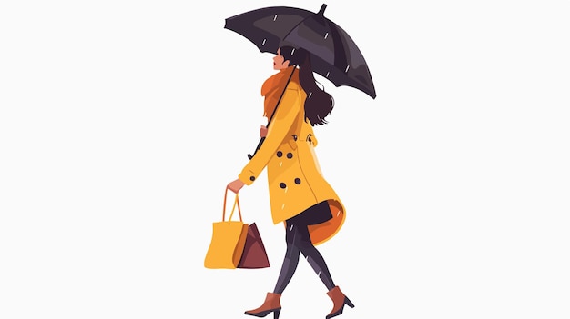 Vector stylish girl with umbrella and handbag in trendy outfit