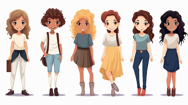 Vector stylish girls with various outfits on white background