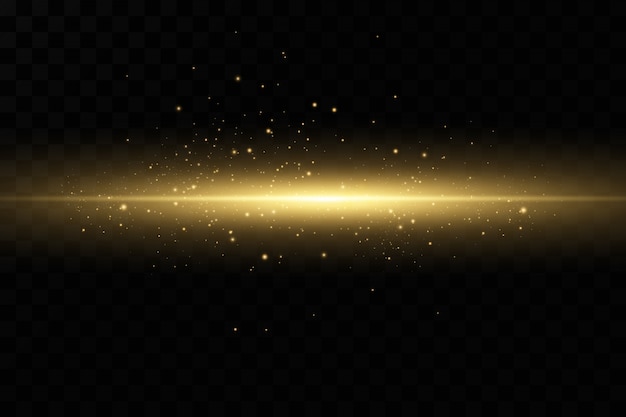 Stylish golden light effect. Abstract laser beams of light. Chaotic neon rays of light. Golden glitters. Isolated on transparent dark background.