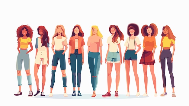 Vector stylish group of happy young women standing together in fashionable outfits