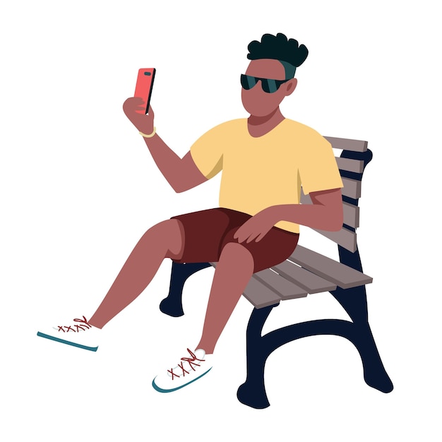 Stylish guy making selfie and sitting on bench semi flat color vector character Sitting figure Full body person on white Simple cartoon style illustration for web graphic design and animation