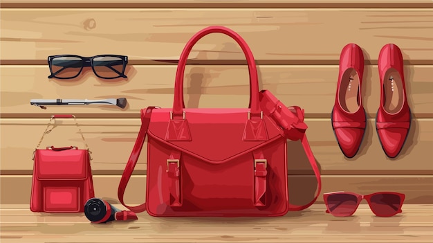 Vector stylish handbag and accessories on wooden background