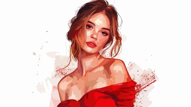 Vector stylish handdrawn portrait of young pretty woman in red dress