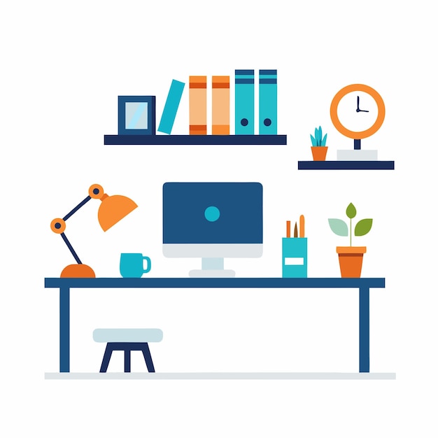 Vector stylish home office workspace with desk and shelves illustration