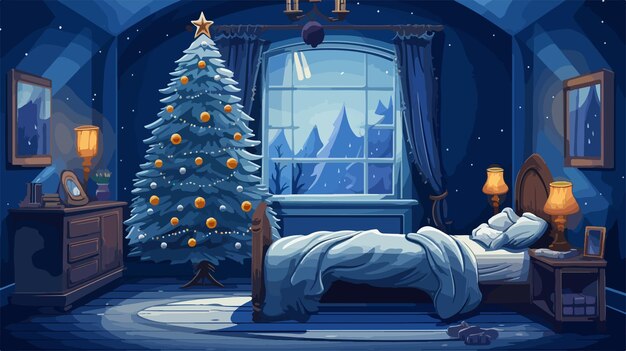 Vector stylish interior of bedroom decorated for christmas