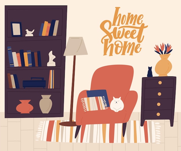 Vector stylish interior of cozy room vector flat illustration. cartoon cat lying on comfy armchair with pillows surrounded by home decorations. cosiness apartment in trendy scandinavian hygge style.