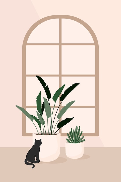 Stylish interior with houseplants and a cat