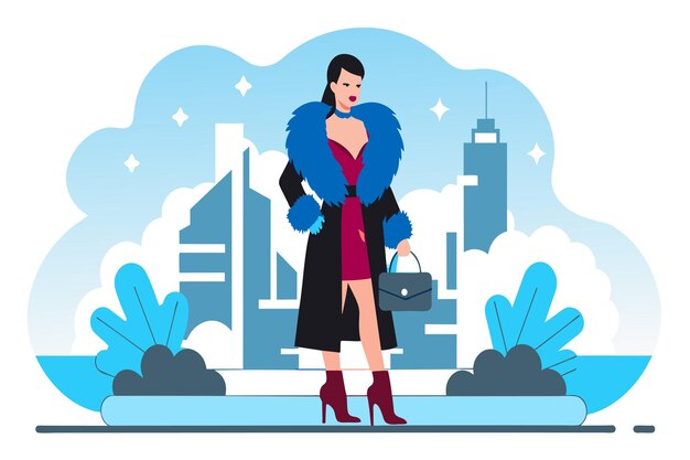 Stylish lady in a posh outfit walks confidently against a cityscape backdrop