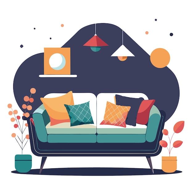 A stylish living room illustration featuring a cozy sofa and decor