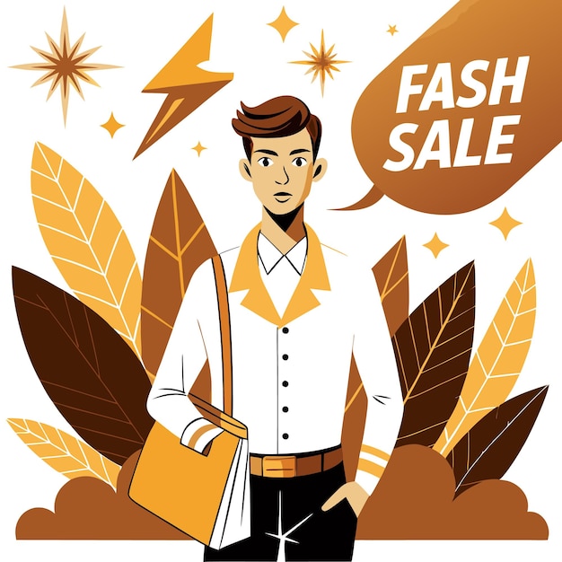 Vector a stylish man promoting a fashion sale with vibrant leaves