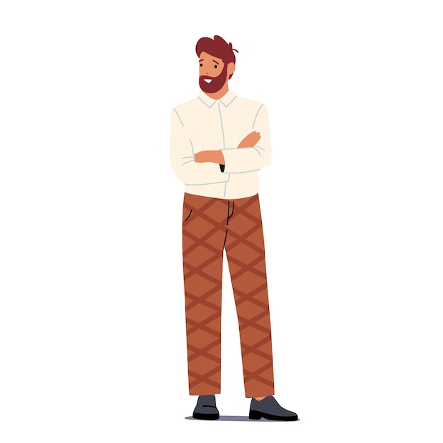 Vector stylish man stand in selfconfident posture male character wear casual clothes with crossed arms isolated on white background bearded businessman with happy face cartoon people vector illustration