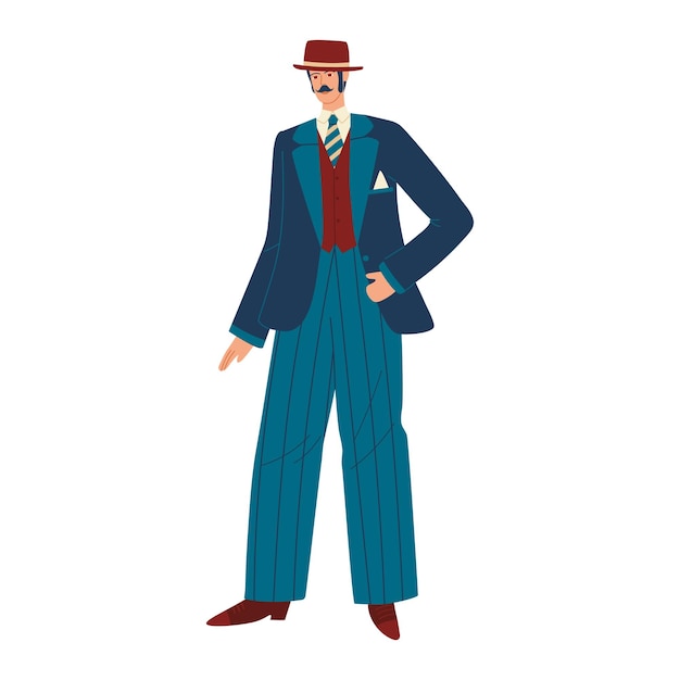 Stylish man in vintage suit and red hat standing confidently elegant gentleman with mustache in s