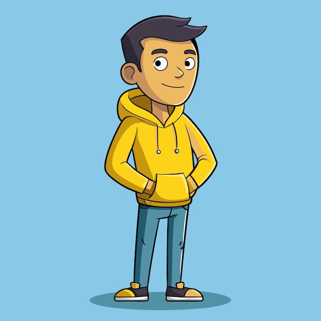 Stylish Man in Yellow Hoodie with Hands in Pockets and Slim Fit Jeans Cartoon Vector Art