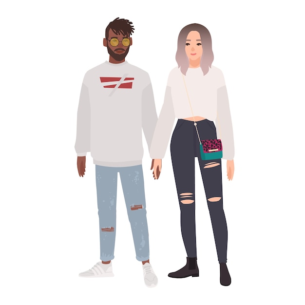 Stylish multiracial couple. Boy and girl dressed in trendy clothes standing together and holding hands. Cartoon characters isolated