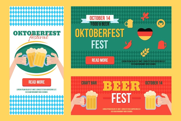 Stylish Oktoberfest Banners Set with food and drink with headline and text places. Vector illustration