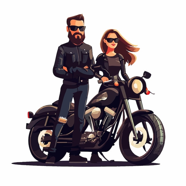 Vector stylish pair of man and woman bikers in black leather outfits