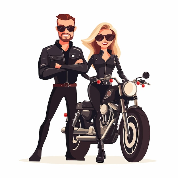 Vector stylish pair of man and woman bikers in black leather outfits