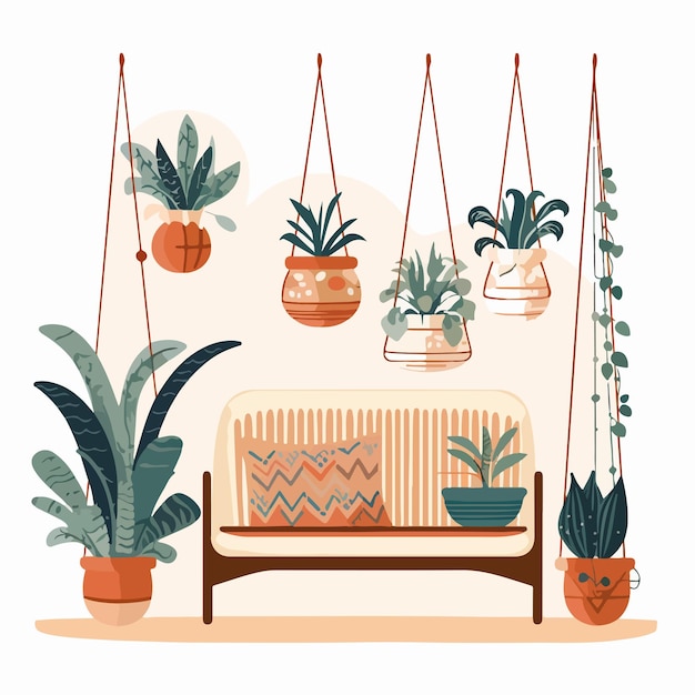 Vector stylish potted home plants and macrame panel for modern decor