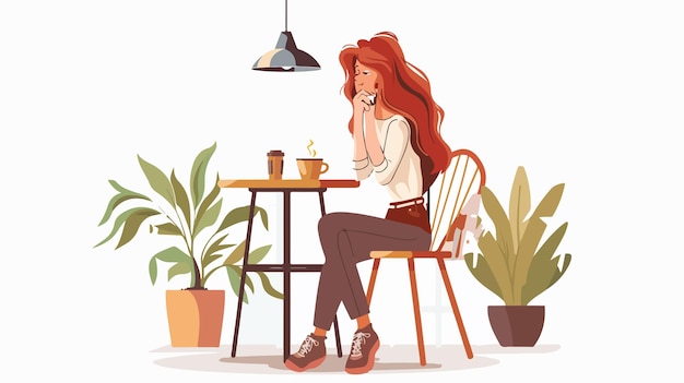 Vector stylish red haired woman enjoying coffee in cafe