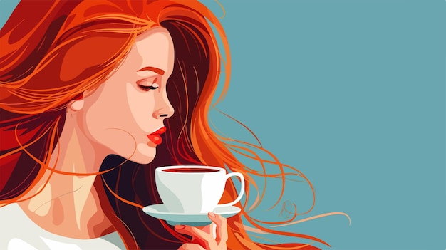 Vector stylish redhead woman enjoying coffee on blue background