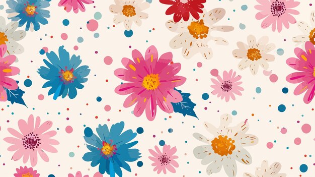 Vector stylish retro pattern with various daisies and fantas