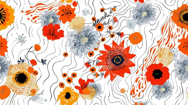 Vector stylish retro pattern with various daisies and fantasy elements