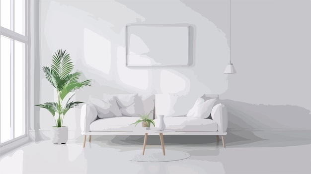 Vector stylish room in white color with sofa scandinavian interior design