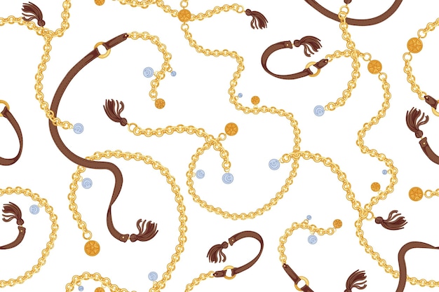 Stylish seamless pattern with luxury golden chain belts decorated by charms and leather tassels on white background. Backdrop with trendy accessories. Realistic vector illustration for wallpaper.