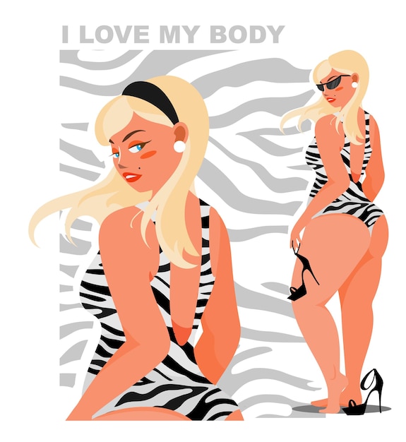 A stylish and seductive blonde in a plussize swimsuit confident in herself and her body accepting