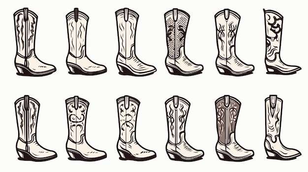 Vector stylish set of monochrome cowgirl boots for western fashionistas