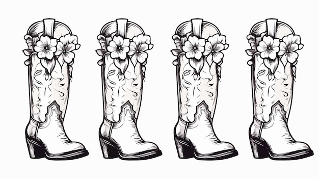 Vector stylish silhouettes of cowgirl boots in black and white monochrome