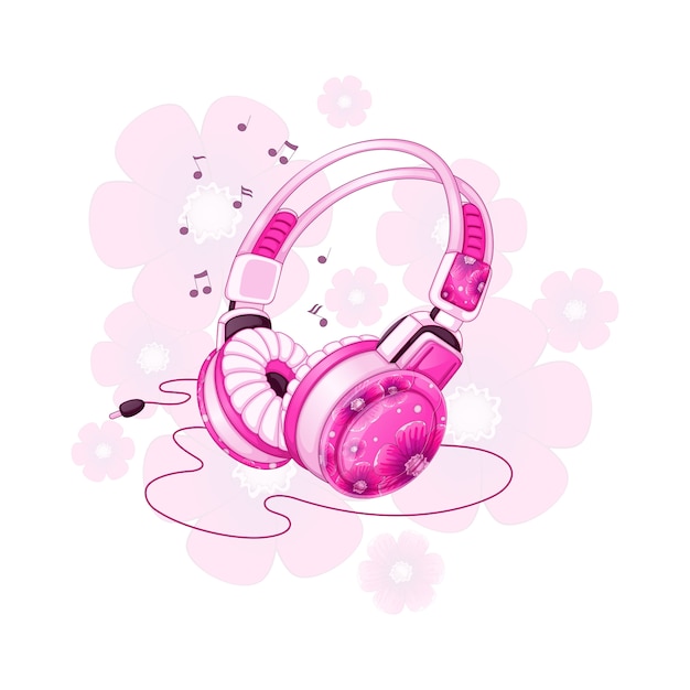 Stylish stereo headphones with a pink floral design.