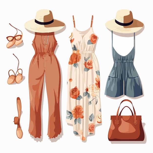 Vector stylish summer beach outfit with jumpsuit hat tote bag and sunglasses