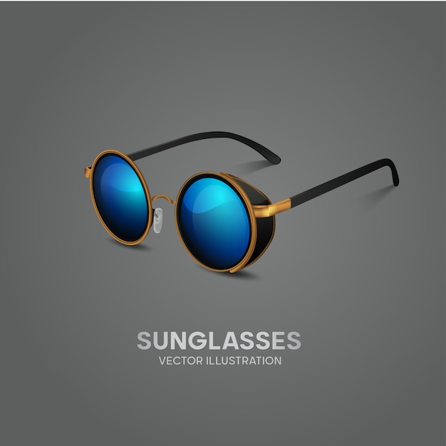 Stylish Sunglass Vector illustration, blue glass, golden frame