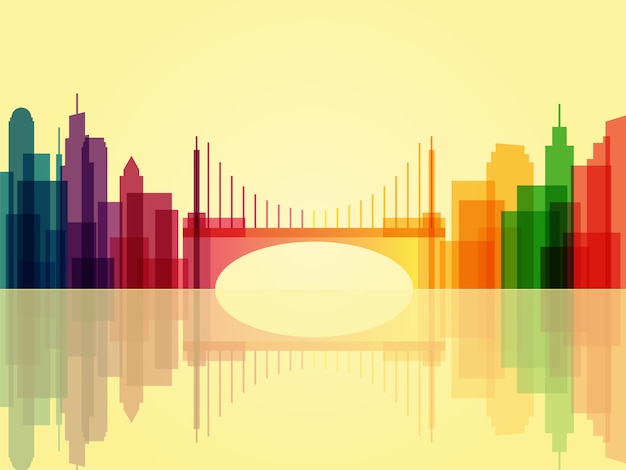 Stylish transparent cityscape background with bridge and reflection