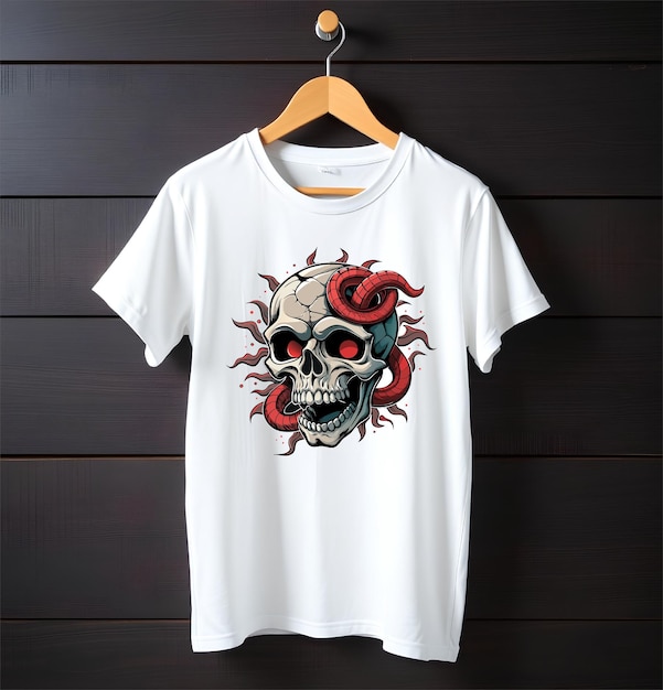 Stylish tshirt design featuring a vivid skull and snakes