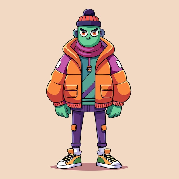 Stylish Urban Streetwear Fashionable Anthropomorphic Man in Puffer Jacket Cartoon Illustration